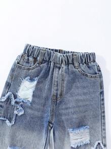 Young Boy 休闲牛仔裤，做旧，宽松松紧腰，星星刺绣，街头潮流，舒适日常穿着，百搭 - 淺色水洗藍 - 查看 5