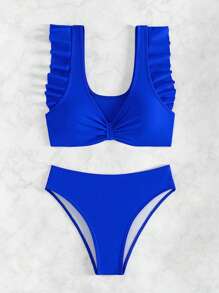 SHEIN Swim Women Solid Color Spaghetti Strap Tankini Top & Triangle Swim Bottoms 2pcs Swimsuit Set For Summer Beach Vacation - Royal Blue - View 8