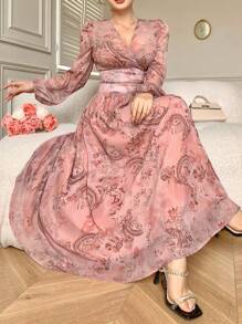 DAZY 2pcs/Set Women All-Over Floral Print V-Neck Tie-Up Top And Skirt - Pink - View 1