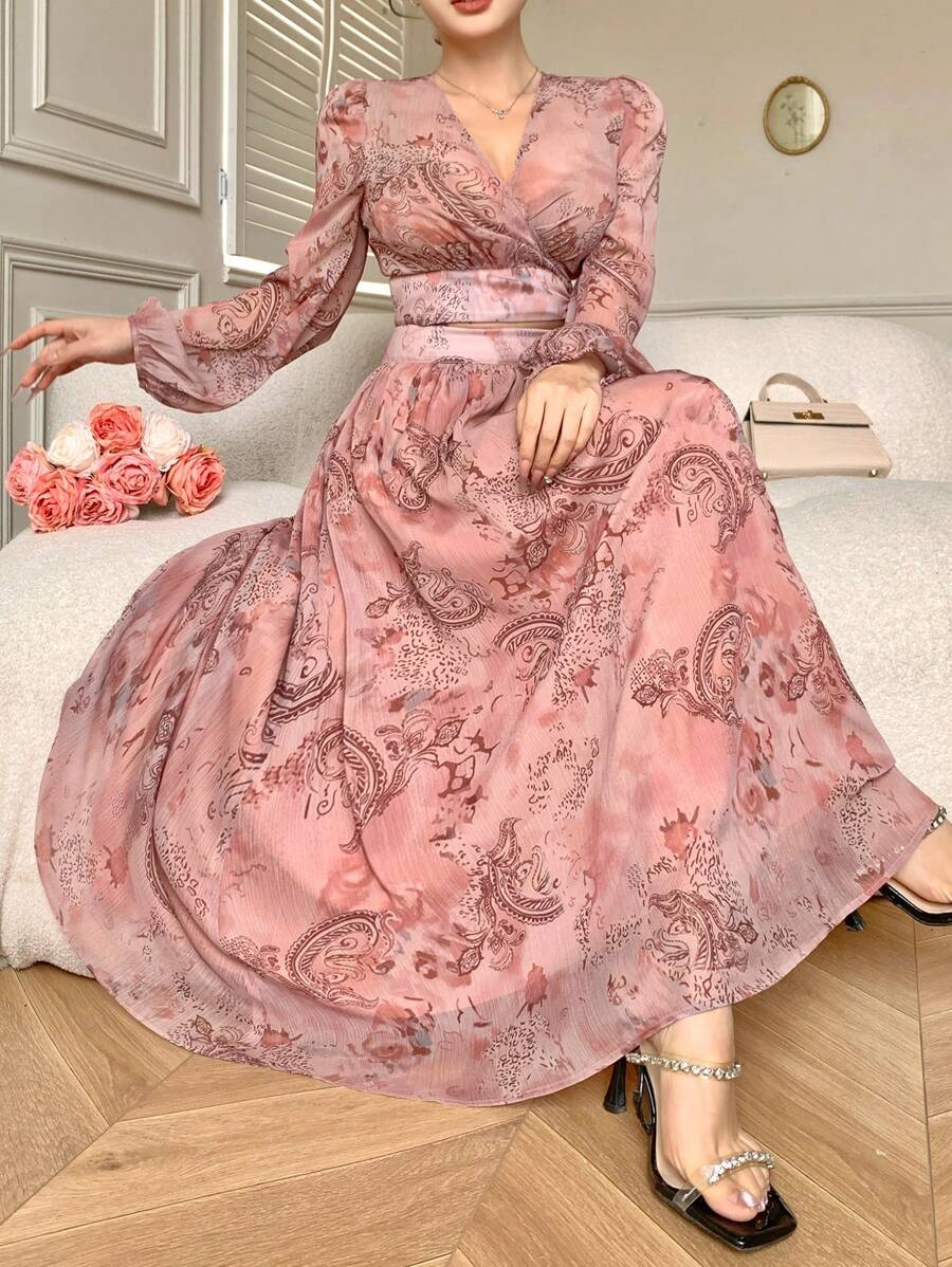 DAZY 2pcs/Set Women All-Over Floral Print V-Neck Tie-Up Top And Skirt - Pink - View 1