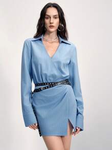 SHEIN LUNE Stylish Woven Mini Dress For Women: Blue Pinstriped Wrap Dress With Collar, Extra-Long Sleeves, And Asymmetrical Hem Fall Cloth For Women - Blue - View 8