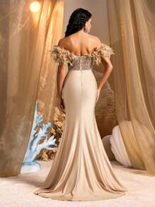 Glamrae Elegant Luxurious Off Shoulder Faux Fur Sleeve Sheer Faux Pearls Contrast Sequins Elastic Bodycon Slit Fish Tail Dress, Suitable For Weddings, Parties, Graduations, Balls, Galas, Party Dress, Wedding Guest Dress, Formal Dress, Evening Dress, Gown