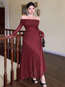 DAZY Vestido midi elegante de un solo hombro de unicolor para invitados de boda, vestido de graduación elegante de primavera/otoño, vestido de boda de manga larga para mujeres, nuevo año - Burdeos - Ver 5