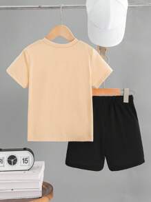 SHEIN Explorewe 2pcs/Set Young Boy Letter Print Round Neck Short Sleeve T-Shirt And Shorts, Casual Outfit - Multicolor - View 2