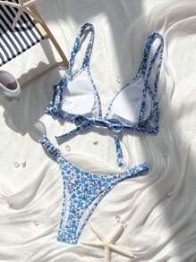 Swim Mod Women's Ditsy Floral Sexy Bikini Swimsuit Set, Random Print Pattern For Summer Beach Vacation - Blue - View 2