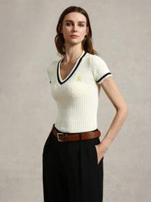 Briarwyn Blusa lavorata a maglia con scollo a V, maniche corte, contrasto di colore, con ricamo a lettera, per outfit estivi da donna, casual business