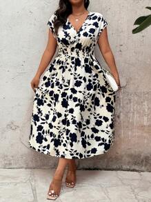 SHEIN Clasi Plus Size Women Floral Print Waist Tie Casual Dress, Elegant For Vacation - Blue - View 3