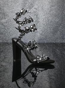 SHUZIA 女士紧身水钻蝴蝶装饰环绕式高跟凉鞋 - 黑色 - 查看 1