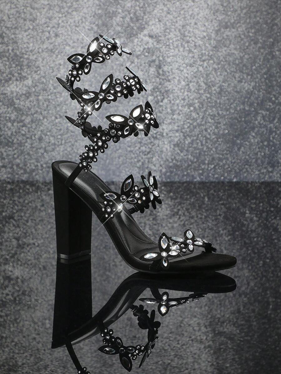 SHUZIA 女士紧身水钻蝴蝶装饰环绕式高跟凉鞋 - 黑色 - 查看 1