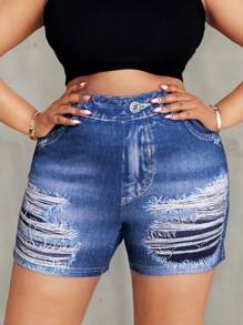 SHEIN LUNE Plus Size Women Summer Shorts, Seamless Denim Effect Print Athletic Hotpants - Multicolor - View 3