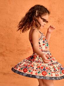 SHEIN 年轻女孩夏季可爱花卉印花细肩带吊带背心和松紧腰裙套装