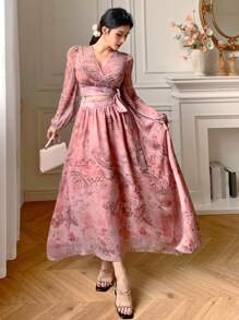 DAZY 2pcs/Set Women All-Over Floral Print V-Neck Tie-Up Top And Skirt - Pink - View 4