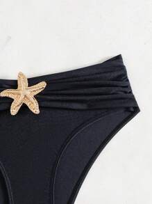 Swim Basics Women's Summer New Solid Color Beach Holiday Ruched Design With Metal Starfish Decor Bikini Bottom - Black - View 7