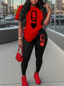 Maweii 2 chiếc/Bộ áo thun cổ tròn tay ngắn in hình bài cỡ lớn cho nữ và quần dài thường ngày - Nhiều màu - Xem 1