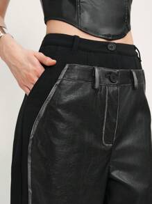 SHEIN LUNE Pantalones de cintura alta y pierna ancha con diseño de empalme de piel sintética para mujeres, casuales y versátiles - Negro - Ver 3