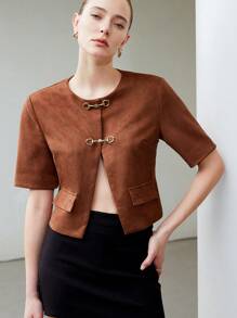 SHEIN Privé 女款夏季優雅辦公西裝外套，棕色系梅納德復古法式奢華金屬鈕扣短袖翻領休閒夾克極簡上衣 - 鏽棕色 - 查看 4