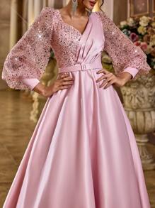 Glamrae Elegant Sheer Long Sleeve Beaded Sequin Patchwork Satin Maxi Dress With Detachable Belt, Suitable For Wedding, Party, Vacation, Graduation, Prom, Mother Of The Bride, Wedding Guest Dress, Formal Dress, Evening Dress, Gown - Pink - View 3