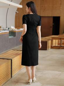 DAZY 纯色圆领百褶前系带长款中长连衣裙，女士优雅太阳裙