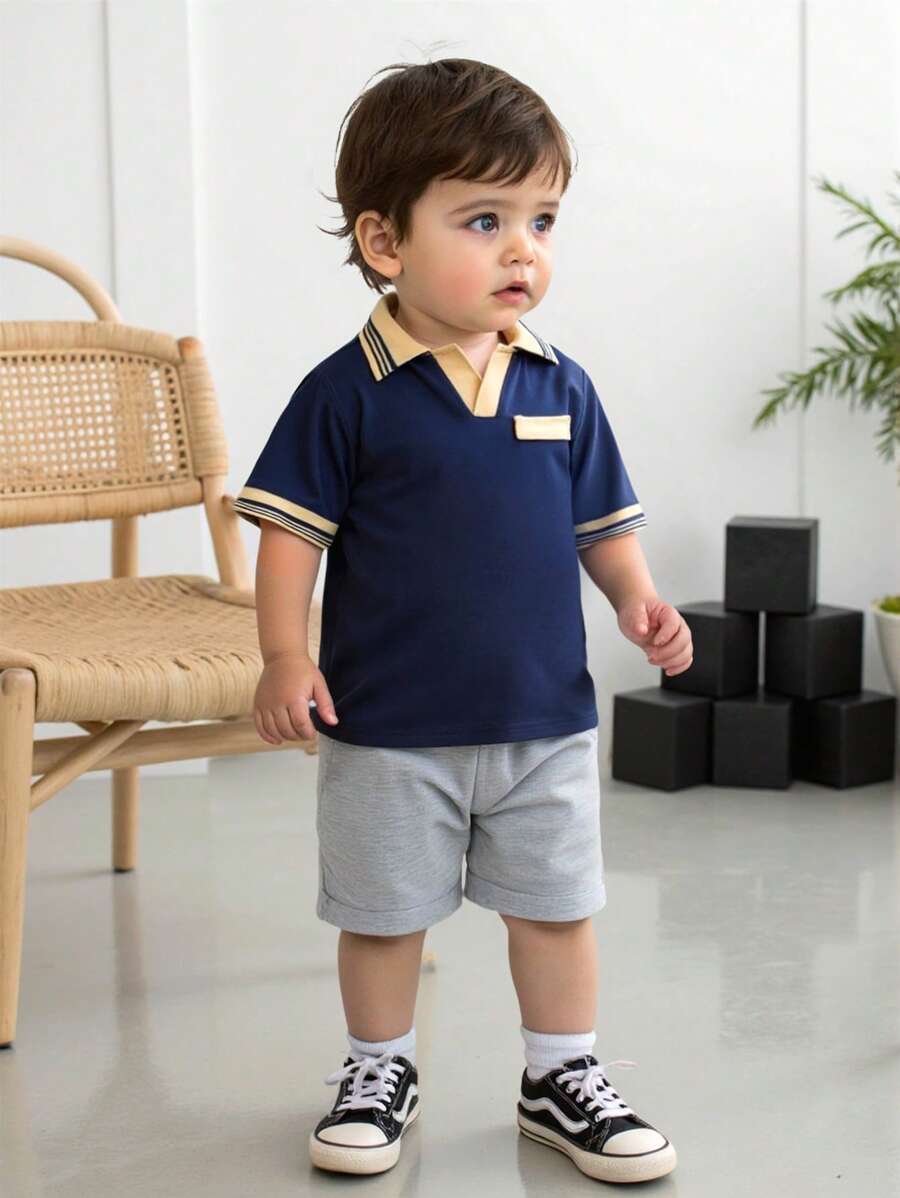 SHEIN 1pc Boys' Casual Sports Polo Shirt, Colorblock Design, Suitable For School, Outings, Outdoor Activities, Spring & Summer - Blue - View 1