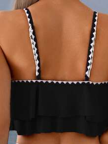 Swim Lushoire 2pcs Spring Break Ruched Contrast Color Floral High Waist Triangle Swim Bottoms, Waistband Ruched For Summer Beach Vacation - Black - View 4