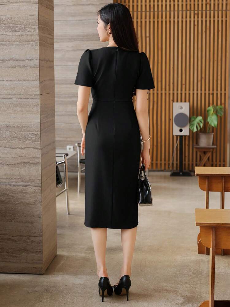 Summer Elegant Solid Color Round Neck Tie Waist Women's Mid-Length Dress Elegant Sundress