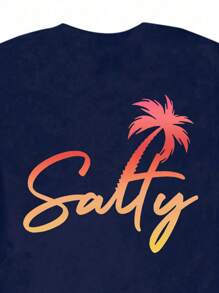 Flirla Áo thun cổ tròn tay ngắn in chữ và cây cọ cỡ lớn cho nữ - Màu xanh hải quân - Xem 4