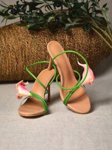 SHUZIA 女士百合花朵装饰夏季度假可爱优雅女性性感 PU 裸色高跟凉鞋 - 米色 - 查看 6