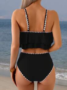 Swim Lushoire 2pcs Spring Break Ruched Contrast Color Floral High Waist Triangle Swim Bottoms, Waistband Ruched For Summer Beach Vacation - Black - View 2