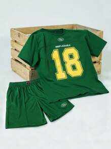 Manfinity Campus Court 2 件男士运动休闲印花 T 恤套装 - 墨綠色 - 查看 1