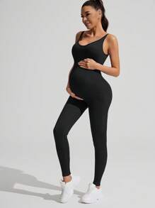 SHEIN 孕妇纯色无袖休闲健身连体裤 - 黑色 - 查看 10