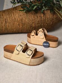 SHUZIA 女式宽版坡跟厚底一脚蹬凉鞋，舒适简约休闲露背拖鞋 - 米色 - 查看 5