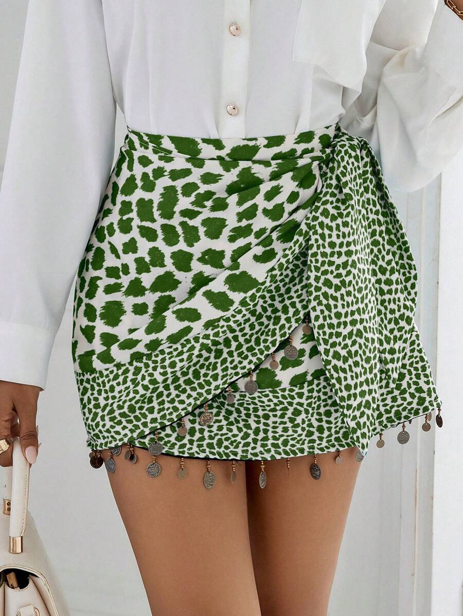 Aveloria Leopard Print Pom Pom Trim Wrap Knot Side Skirt  - Green - View 1