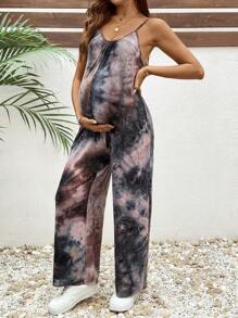 SHEIN Maternity Casual Tie-Dye One Shoulder Sleeveless Long Jumpsuit With Pockets - Multicolor - View 1