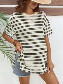 SHEIN Maglietta estiva da maternità con scollo rotondo, maniche corte, orlo spaccato e stampa a righe a contrasto - Cachi - Visualizzare 6
