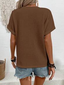 EMERY ROSE Women's Solid Color V-Neck Button Design Short Sleeve Casual T-Shirt - Brown - View 2