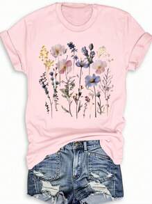 SHEIN LUNE Plus Size Women Floral Print Round Neck Short Sleeve Casual T-Shirt - Pink - View 1