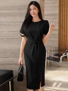 DAZY Summer Elegant Solid Color Round Neck Tie Waist Women's Mid-Length Dress Elegant Sundress - Black - View 4