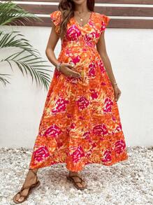SHEIN Floral Print V-Neck Cap Sleeve Maternity Vacation Dress - Burnt Orange - View 3