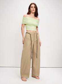 Arave Women's Casual Khaki Long Pants: Woven Fabric With Zipper Detail And Braided Rope Belt Fall Women Clothes Fall Outfits Women Fall Autumn Clothes - Khaki - View 5