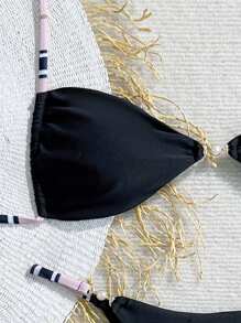 Swim Basics 2pcs Women Sexy Casual Vacation Color Block Pattern Strap Pearl Decor Bikini Set - Multicolor - View 6