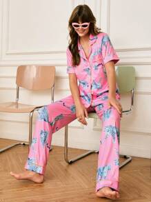 Chillnights Women Leopard Print Short Sleeve Button-Up Top And Pants Pajama Set - Multicolor - View 4