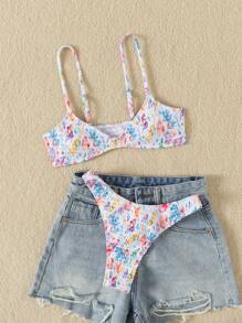 SHEIN 2pcs/Set Random Print Spaghetti Strap Backless Top And High Cut Bikini Bottom, Cute Bikini Clothes Set, For Spring Summer - Multicolor - View 4