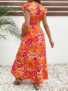 SHEIN Floral Print V-Neck Cap Sleeve Maternity Vacation Dress - Burnt Orange - View 2