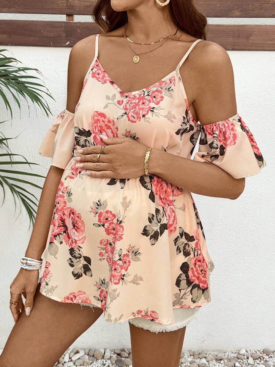 SHEIN Boho Maternity Ditsy Floral Woven Fabric Blouse With Cold Shoulder And Ruffle Hem Detail - Pink - View 1