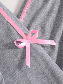 SHEIN 2 件套青少年女孩休闲度假舒适可爱蝴蝶结撞色松紧带花卉灰色 2 件套