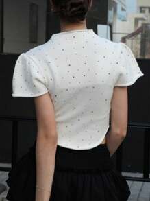 INAWLY Áo thun công sở nữ, Áo len dệt kim đứng, Tay ngắn ôm vừa vặn, Áo thun thường ngày mùa thu - trắng - Xem 2