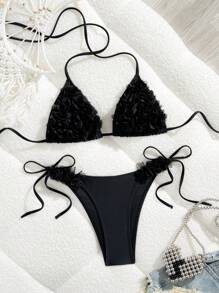 SHEIN Swim 女士沙滩装，纯色优雅吊带细肩带花卉 3D 装饰休闲度假风格两件套泳衣 - 黑色 - 查看 5