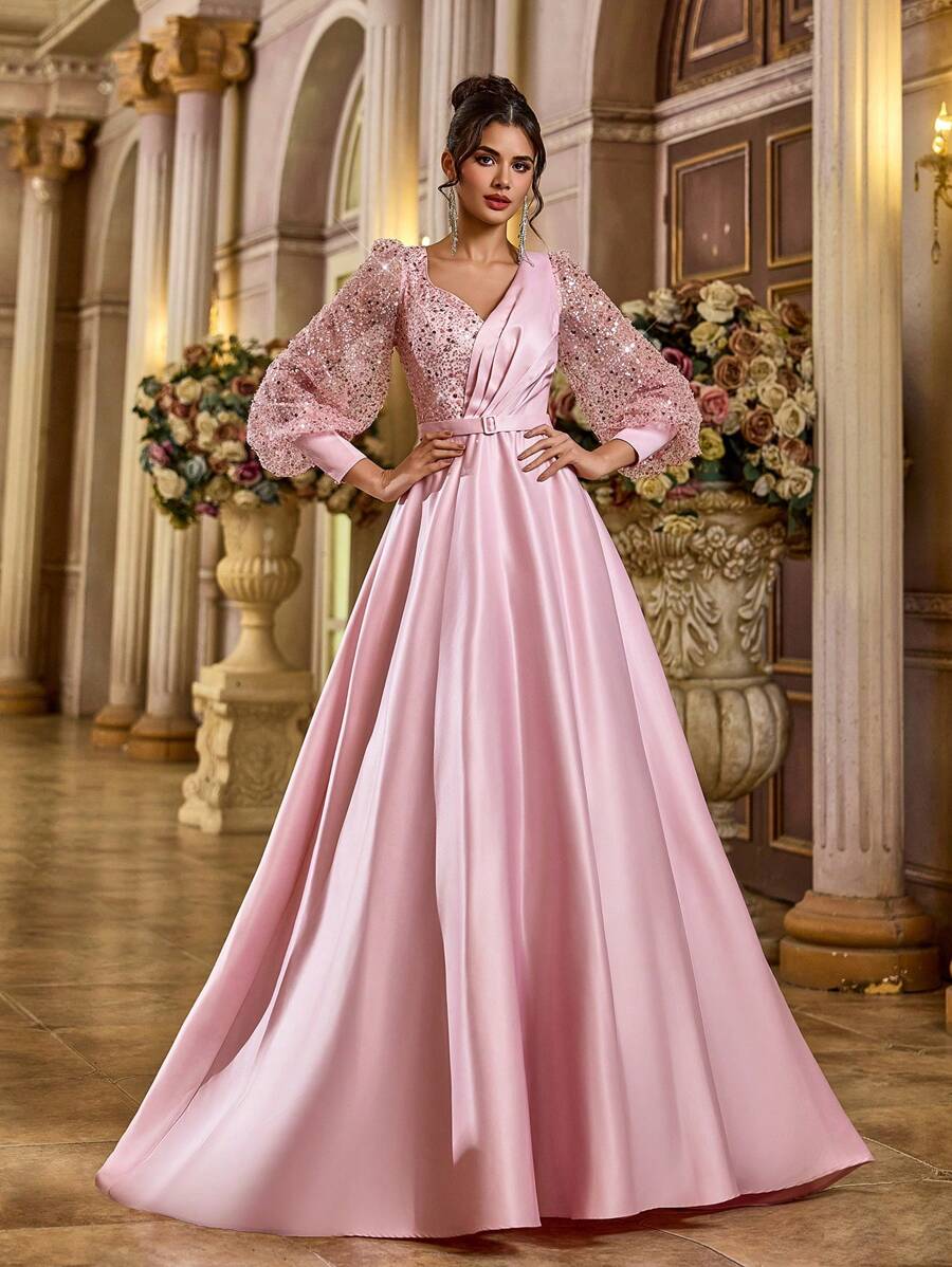 Glamrae Elegant Sheer Long Sleeve Beaded Sequin Patchwork Satin Maxi Dress With Detachable Belt, Suitable For Wedding, Party, Vacation, Graduation, Prom, Mother Of The Bride, Wedding Guest Dress, Formal Dress, Evening Dress, Gown - Pink - View 1