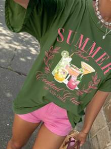 SHEIN LUNE 大码休闲度假饮料字母印花 T 恤 - 軍綠色 - 查看 1