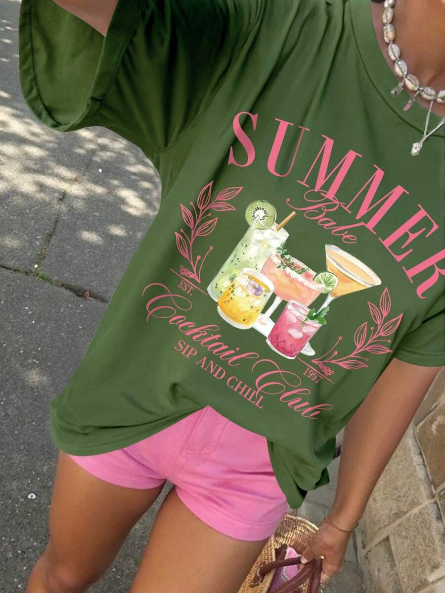 SHEIN LUNE 大码休闲度假饮料字母印花 T 恤 - 軍綠色 - 查看 1